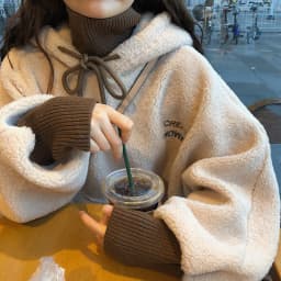Lamb Velvet Hooded Sweatshirt Women's Autumn Winter New Loose Korean Version Student Top Coat Crew Neck Print Casual Streetwear