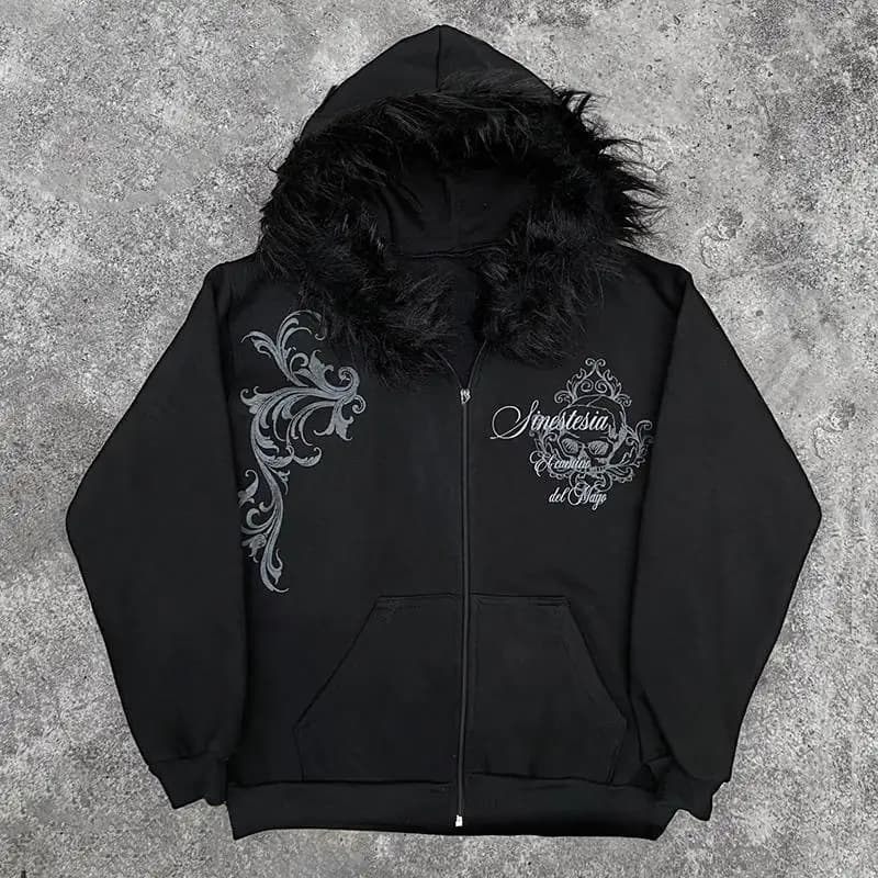 Dark Faux Fur Collar Harajuku Punk Y2K Zip up hoodie High street Skull Zipper Hoodie sweatshirt Retro Hip Hop Top Gothic Jacket