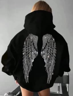 2026 Glitter Angel Wings Hoodie Women's Street Loose Long Sleeve White Pullover Fashionable 2000 Harajuku Casual Sweatshirt