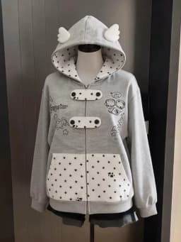 Vintage Kawaii Long Sleeve Loose Coat with Hooded Women Japanese Cute Zipper Sweatshirts Female Casual Y2k Jacket Overcoat Chic
