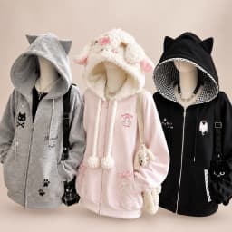 Vintage Kawaii Long Sleeve Loose Coat with Hooded Women Japanese Cute Zipper Sweatshirts Female Casual Y2k Jacket Overcoat Chic