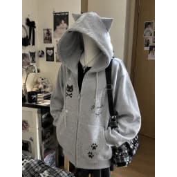 Vintage Kawaii Long Sleeve Loose Coat with Hooded Women Japanese Cute Zipper Sweatshirts Female Casual Y2k Jacket Overcoat Chic