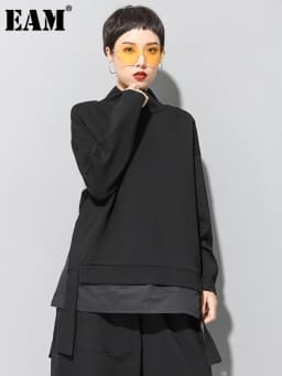 [EAM] Loose Fit Asymmetrical Big Size Sweatshirt New High Collar Long Sleeve Women Big Size Fashion Spring Autumn 2026 19A-a124