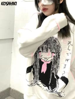 Japanese Hoodie Women Vintage Cartoon Print Cool Sudaderas Mujer O-neck Sweatshirt Harajuku Streetwear Pullover Moletom Feminino