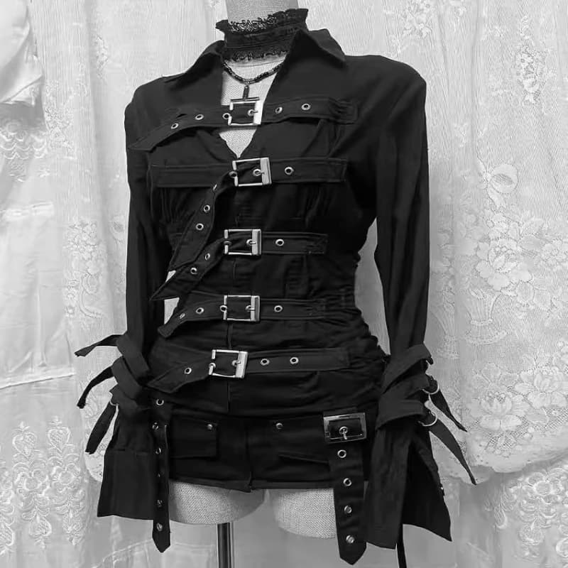 Gothic Y2k Subculture Vintage Jackets Women Harajuku Y2K Metal Buckle Belt Slim Bandage Shirts New Dark Punk Top Female Clothing