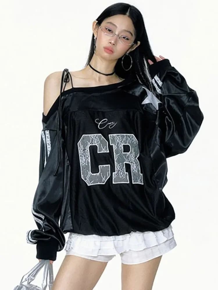 2026 Y2k Aesthetic Lace Letter Hoodie Women Skew Collar Bandage Streetwear Hoody Harajuku Oversized Casual Grunge Sweatshirt