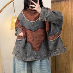 Spring Autumn New Arts Style Women Batwing Sleeve Turtleneck Pullovers Cotton Denim Vintage Patchwork Loose Hoodie Coat TH139