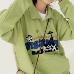 Avocado Green Cute Cow Embroidery POLO Shirt Sweatshirt Half Zipper Loose Casual Students Girls Pullover Kawaii Clothes Harajuku