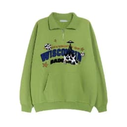 Avocado Green Cute Cow Embroidery POLO Shirt Sweatshirt Half Zipper Loose Casual Students Girls Pullover Kawaii Clothes Harajuku