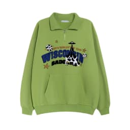 Avocado Green Cute Cow Embroidery POLO Shirt Sweatshirt Half Zipper Loose Casual Students Girls Pullover Kawaii Clothes Harajuku