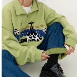 Avocado Green Cute Cow Embroidery POLO Shirt Sweatshirt Half Zipper Loose Casual Students Girls Pullover Kawaii Clothes Harajuku