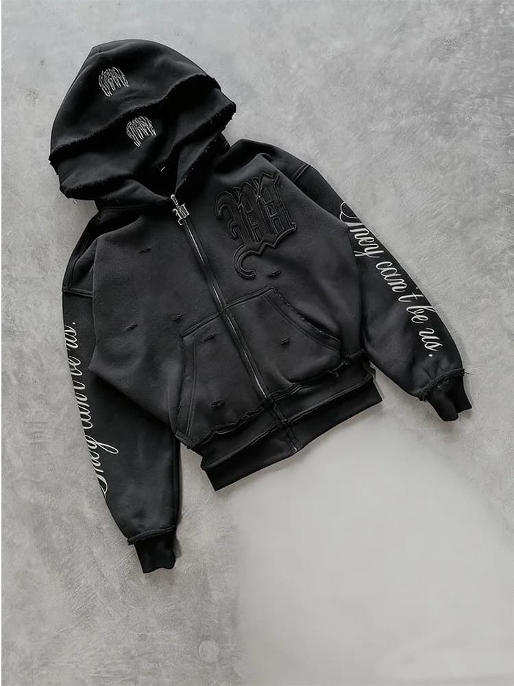 Trendy Creative Applique Letter Print Double Hat Design Women's Clothing Zippered Hoodie Loose Casual y2k hoodie girlfriend