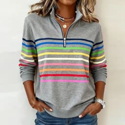 Autumn Winter Striped Rainbow Printed Sweatshirt Women Casual Long Sleeve Zipper Blouse Women Fashion Pullover Shirt