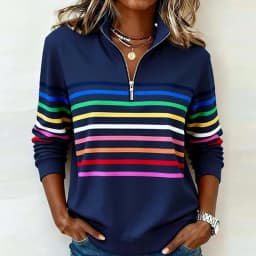 Autumn Winter Striped Rainbow Printed Sweatshirt Women Casual Long Sleeve Zipper Blouse Women Fashion Pullover Shirt
