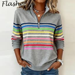 Autumn Winter Striped Rainbow Printed Sweatshirt Women Casual Long Sleeve Zipper Blouse Women Fashion Pullover Shirt