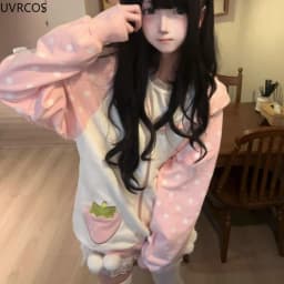 Japanese Kawaii Lolita Zipper Hoodies Women Sweet Pink Stripe Rabbit Ears Hooded Coats Grunge Hoody Y2k Strawberry Sweatshirts