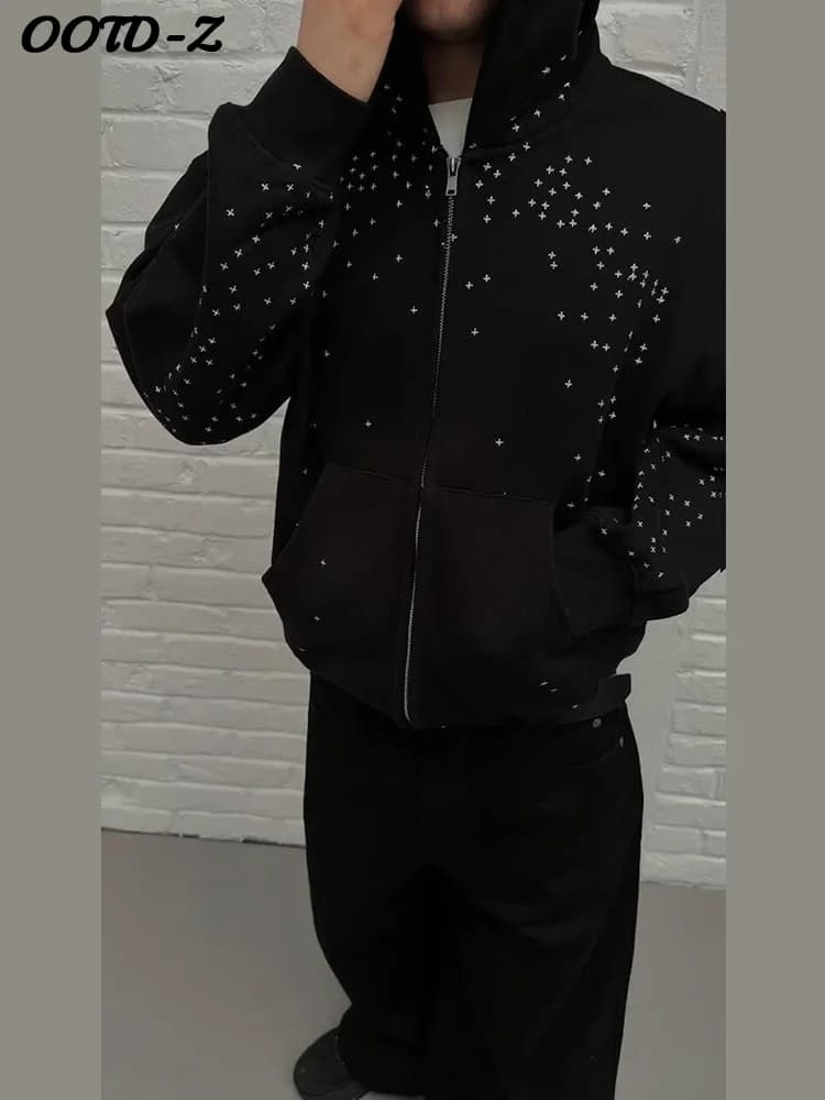 Chic Unisex Starry Sky Rhinestone Hoodie Women Modern Padded Shoulder Zipper Long Sleeve Jacket Street Casual Lady Sweatshirt