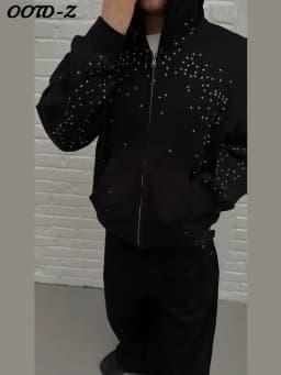 Chic Unisex Starry Sky Rhinestone Hoodie Women Modern Padded Shoulder Zipper Long Sleeve Jacket Street Casual Lady Sweatshirt