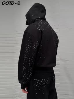 Chic Unisex Starry Sky Rhinestone Hoodie Women Modern Padded Shoulder Zipper Long Sleeve Jacket Street Casual Lady Sweatshirt