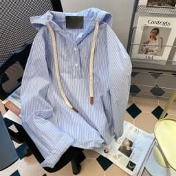 Japanese Style Blue Stripe Hooded Shirts Women Man Spring Autumn Long Sleeves Loose Casual Hoodies Vintage All-matched Coat Tops