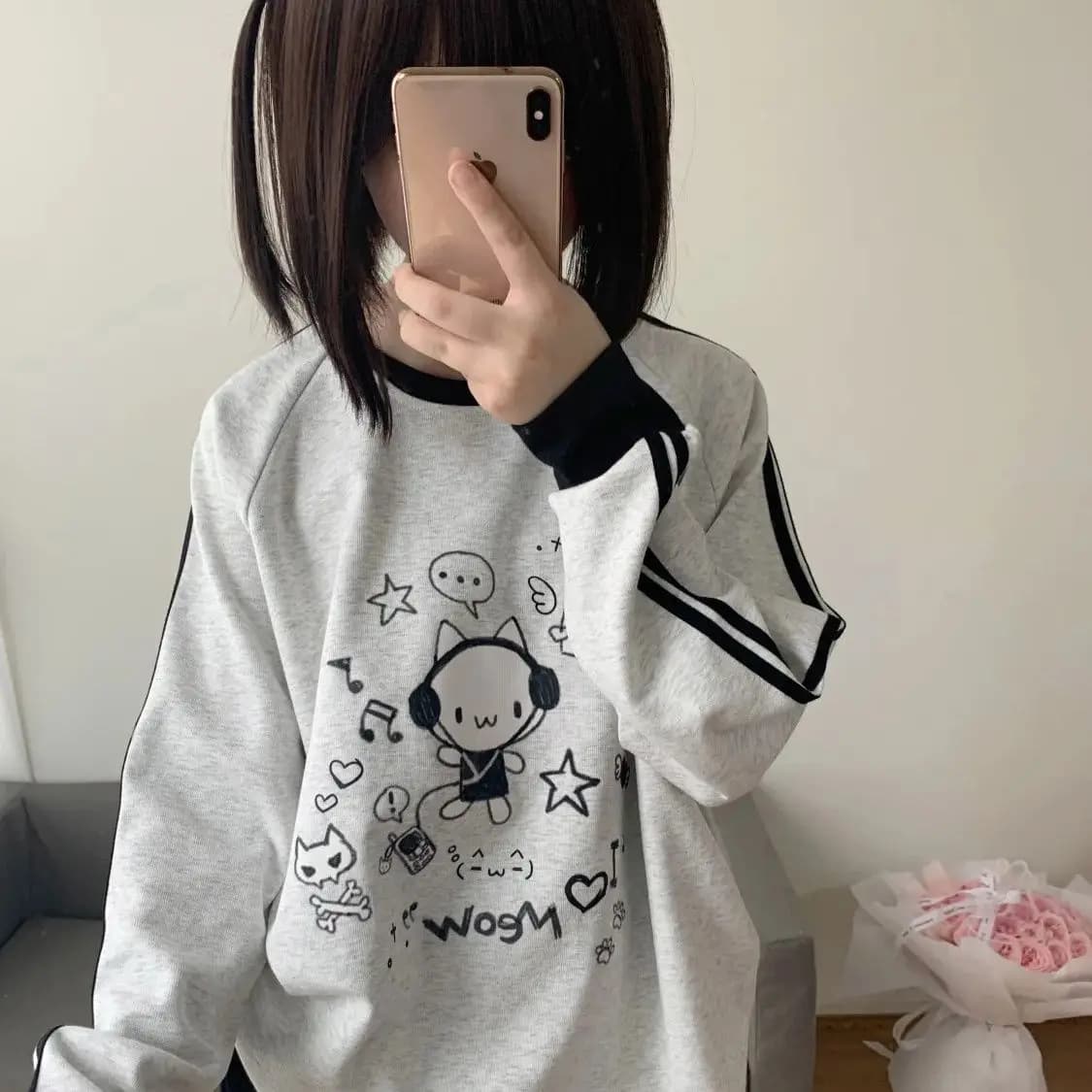 Contrast Color Stripe Long Sleeve Sweatshirt Autumn Japanese Autumn Winter Cartoon Subculture Sports Pullover  Y2k Aesthetic Top