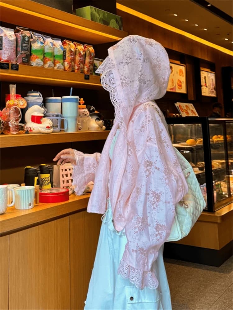 Unique Beautiful Korean Style Pink Lace Splicing Hat Jacket Women's Spring Summer New Arrival Lightweight Polyester Fiber
