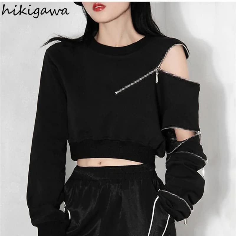 2025 Ropa Mujer Cropped Tops Fashion Hoodies Women O-neck Long Sleeve Zipper Pullovers Chic Hollow Out Sexy Korean Sweatshirt