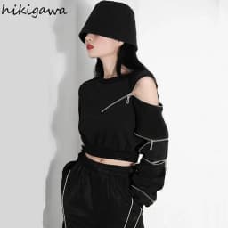 2025 Ropa Mujer Cropped Tops Fashion Hoodies Women O-neck Long Sleeve Zipper Pullovers Chic Hollow Out Sexy Korean Sweatshirt