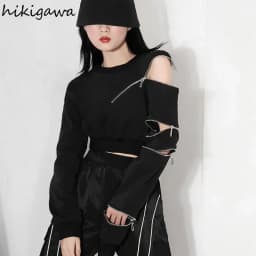 2025 Ropa Mujer Cropped Tops Fashion Hoodies Women O-neck Long Sleeve Zipper Pullovers Chic Hollow Out Sexy Korean Sweatshirt
