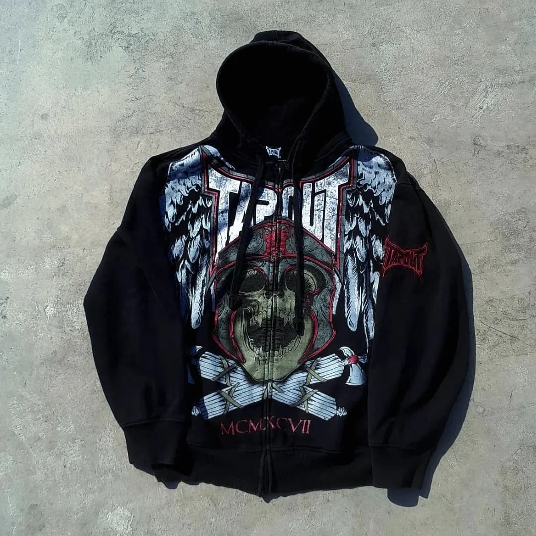 Harajuku Tapout Zipper Skull Print Oversized Hoodies Women Hip hop Fashion Sweater American Y2k Tops Vintage Gothic Streetwear