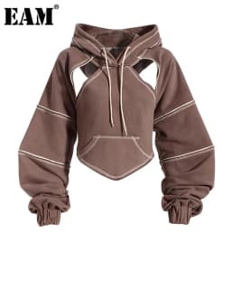 [EAM] Brown Back Bow Irregular Cut-out Sweatshirt New Hooded Long Sleeve Women Big Size Fashion Tide Spring Autumn 2026 1DF1820