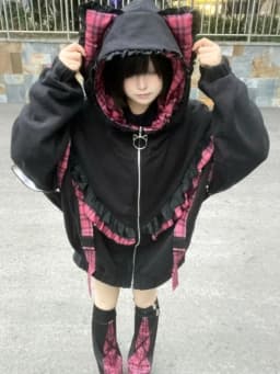 Japanese Sweet Hoodies Cat's Ears Plaid Ruffles Thicken + Leg Warmers Sweatshirts Coats Y2k Aesthetics Punk Women's Clothing