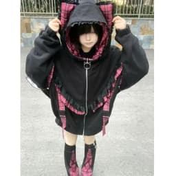 Japanese Sweet Hoodies Cat's Ears Plaid Ruffles Thicken + Leg Warmers Sweatshirts Coats Y2k Aesthetics Punk Women's Clothing