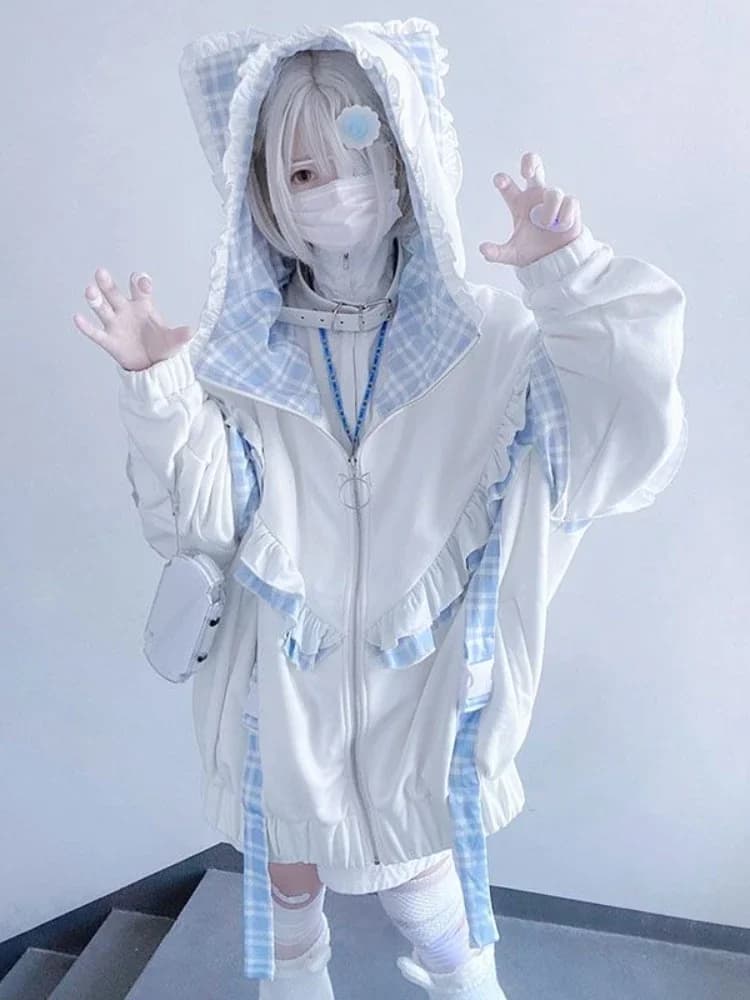 Japanese Sweet Hoodies Cat's Ears Plaid Ruffles Thicken + Leg Warmers Sweatshirts Coats Y2k Aesthetics Punk Women's Clothing