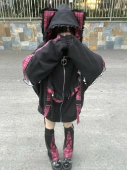 Japanese Sweet Hoodies Cat's Ears Plaid Ruffles Thicken + Leg Warmers Sweatshirts Coats Y2k Aesthetics Punk Women's Clothing