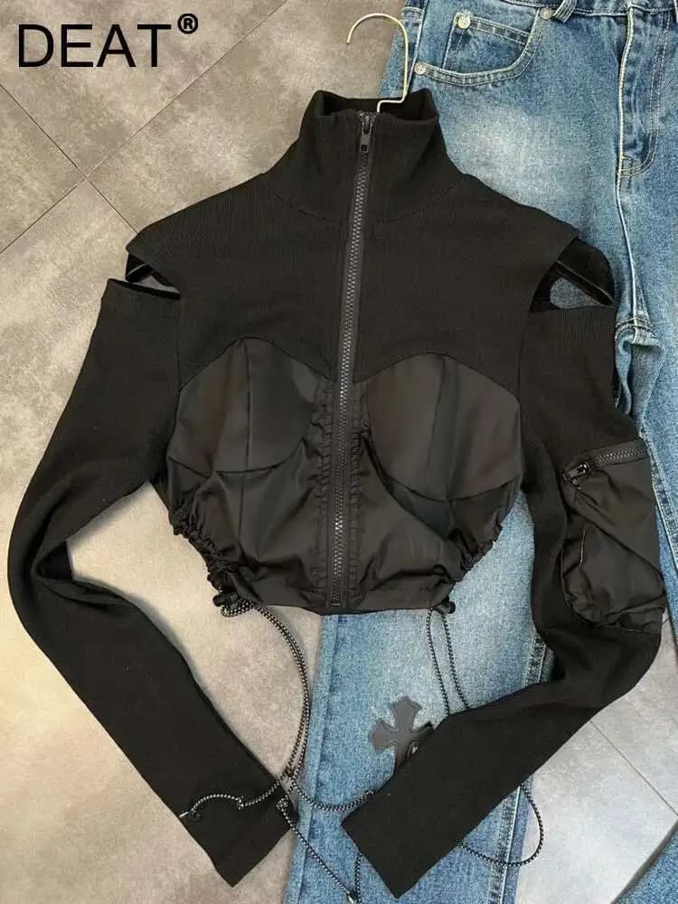 DEAT 2026 New Spring And Winter High Turltleneck Full Sleeves Off The Shoulder Drawstring Zippers Short Sweatshirt WW95701L