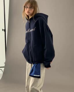 Retro American Fleece Lined Hoodie Zipper Loose Outerwear Embroidered Sweatshirt Women's Commute Style Winter Collection