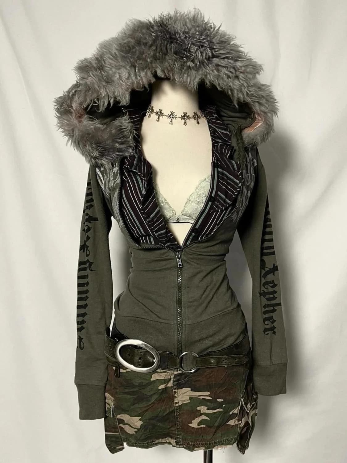 American retro vintage workwear style letter fur collar Gothic punk cardigan hoodie autumn and winter zipper cardigan jacket emo