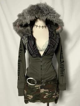 American retro vintage workwear style letter fur collar Gothic punk cardigan hoodie autumn and winter zipper cardigan jacket emo