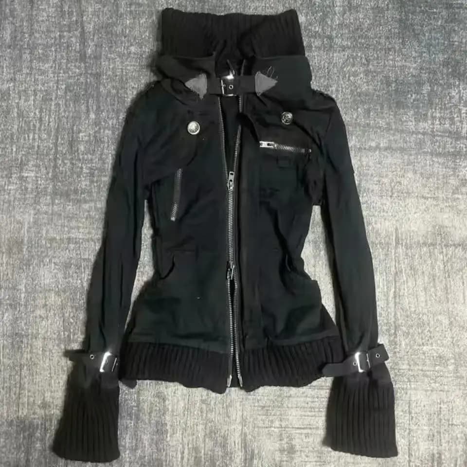 Y2K Gothic Black Slim Double Zipper Hoodie Women's Y2K American Retro Fashion Slim Oversized Cuffs Casual Motorcycle Jacket