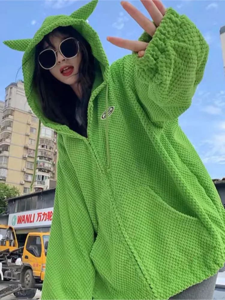 E-girl Fashion Kawaii Devil Horns Zip-up Hoodies Women Gothic Sweatshirt Casual Y2k Tops Outwear Harajuku Grunge Streetwear Coat