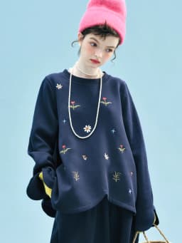 imakokoni Floral Embroidered Petal Hem Loose Sweatshirt Tops Women's Hoodies & Sweatshirts Casual Female Clothing for Women