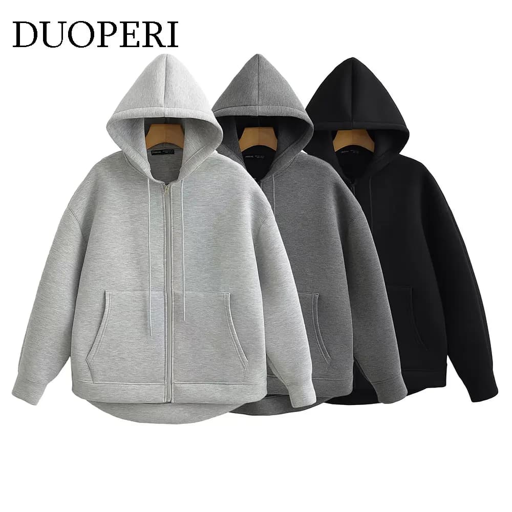 DUOPERI Women Fashion Solid Front Zipper Hooded Sweatshirt Casual Long Sleeves Jackets Female Chic Lady Outfits