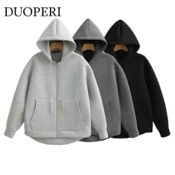 DUOPERI Women Fashion Solid Front Zipper Hooded Sweatshirt Casual Long Sleeves Jackets Female Chic Lady Outfits