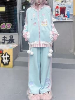 Casual Kawaii Japanese Striped Lace Loose Cardigan Y2k Preppy All Match Long Sweet Pant Harajuku Punk Print 2 Piece Sets