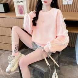 Fall New Design Lace Splicing  Knot Embroidered Sweatshirt Korean Style Fashionable Top Women's Loose Fit Pullover