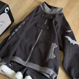 Japanese Subculture Bat Print Stand Collar Loose Sweatshirt  Plush Liner Thickened Winter Clothes Women Zip Up Coat Y2k Top