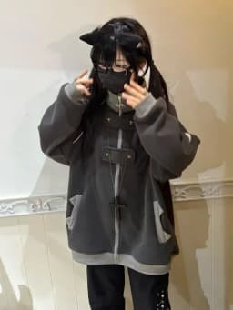 Japanese Subculture Bat Print Stand Collar Loose Sweatshirt  Plush Liner Thickened Winter Clothes Women Zip Up Coat Y2k Top