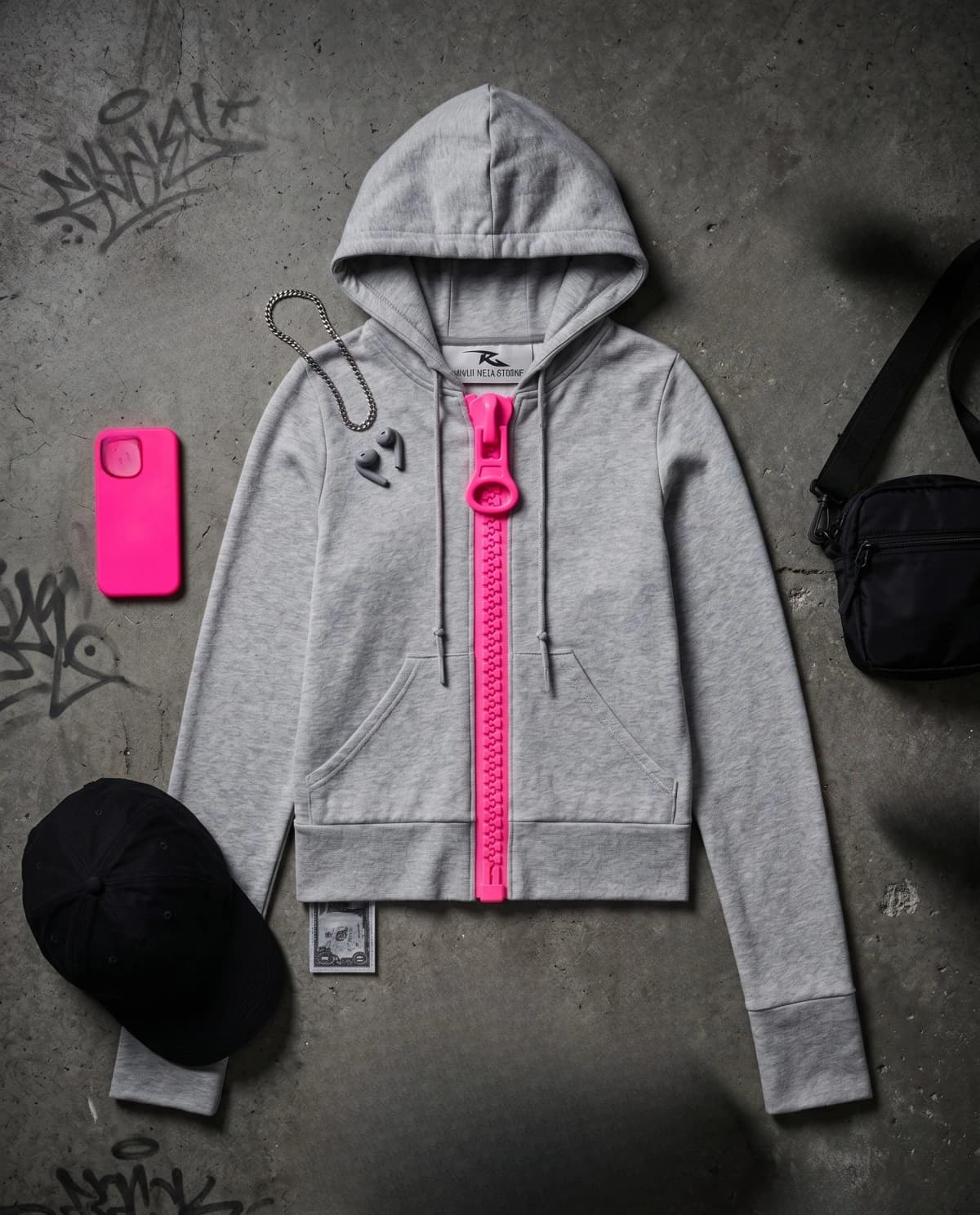 Y2K Fashion Large Zipper Decoration Sweatshirt Women Harajuku Sexy Slim Fit Hood Sweatshirt Goth Light Gray Casual Short Hoodie
