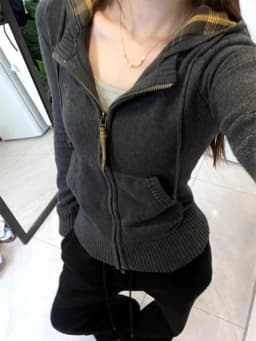 Aesthetic Vintage Grey Hooded Knit Cardigan Women High Street Retro Slim Zipper Hoodie Female Design Fashion Skinny Coat New